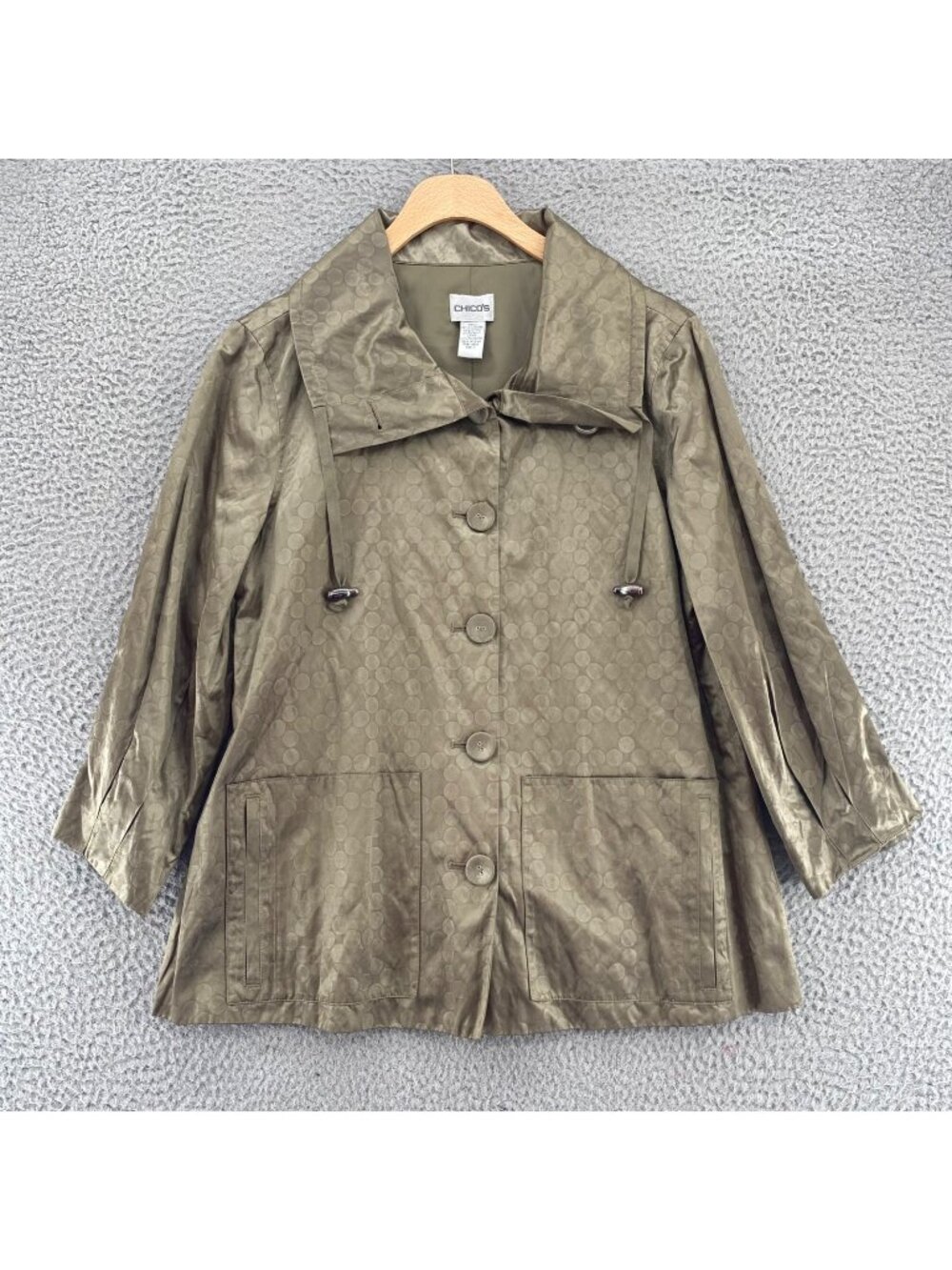 Chicos Jacket Womens 1 US Medium Gold Shimmer Satin Button Up Pockets Pleated